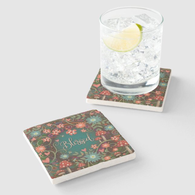 Blessed Pretty Colorful Mushroom Floral Stone Coaster (Side)