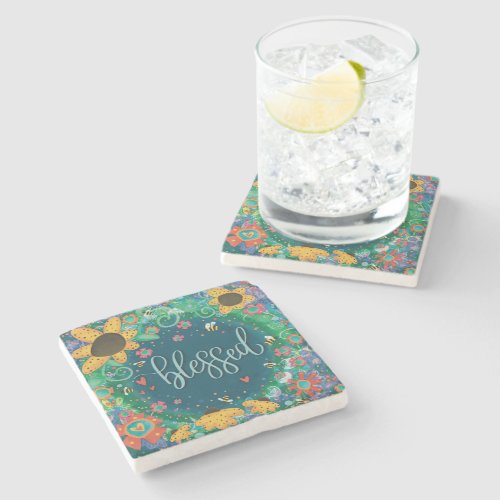 Blessed Pretty Floral Cute Bumblebee Stone Coaster