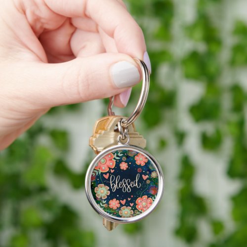 Blessed Pretty Fun Blue Pink Floral Inspirivity Keychain