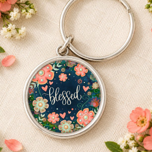 Blessed Pretty Fun Blue Pink Floral Inspirivity Keychain
