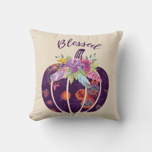 Blessed Purple Floral Pumpkin Fall Flower Feathers Throw Pillow