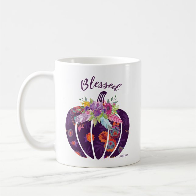 Blessed Purple Floral Pumpkin Fall Flowers Tribal  Coffee Mug (Left)
