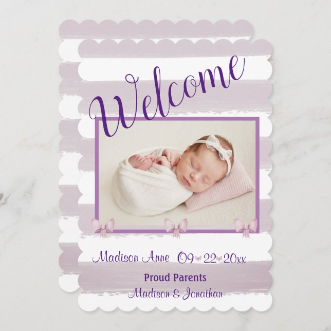 Blessed  Purple Photo Script Personalize Birth Announcement (Front/Back)