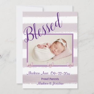 Blessed  Purple Photo Script Personalize Birth Announcement