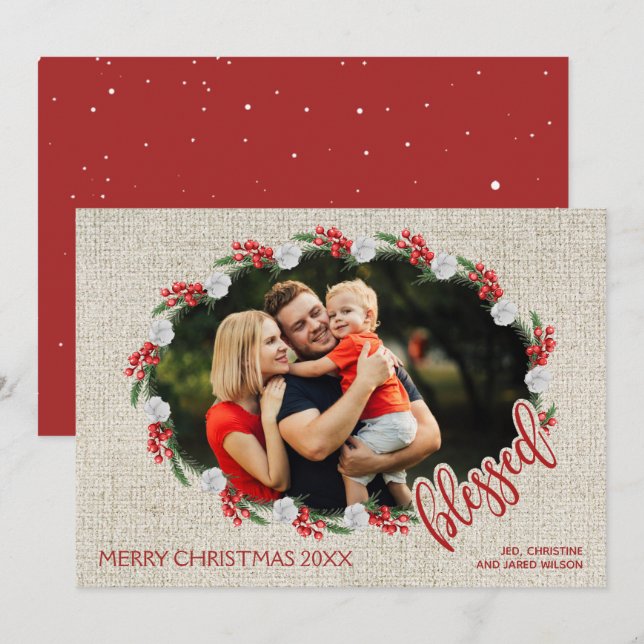 Blessed Red Berries Christmas Photo Holiday Card (Front/Back)