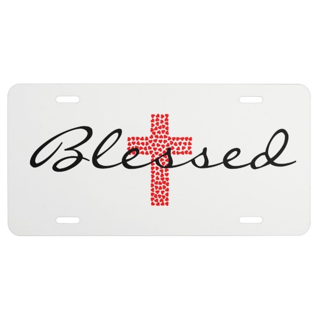 Blessed Red Hearts Cross License Plate (Front)