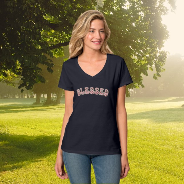 BLESSED Red White Floral Gratitude Retro Text T-Shirt (Creator Uploaded)