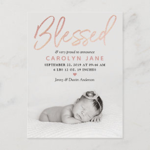 "Blessed" Rose Gold Foil Photo Birth Announcement