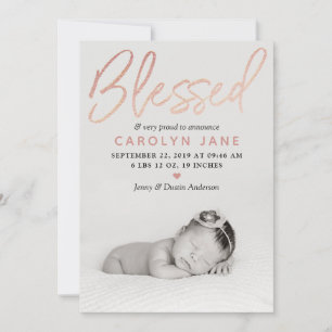 "Blessed" Rose Gold Foil Photo Birth Announcement