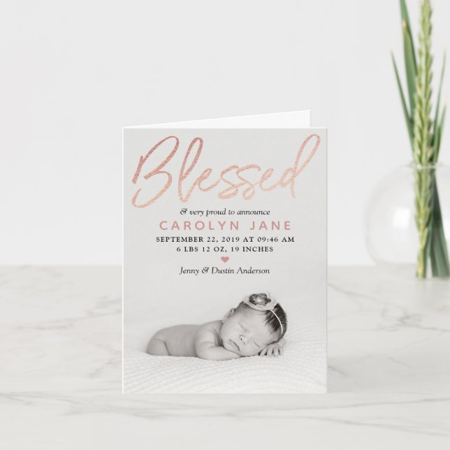 "Blessed" Rose Gold Foil Photo Birth Announcement (Front)