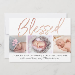 "Blessed" Rose Gold Foil Photo Birth Announcement