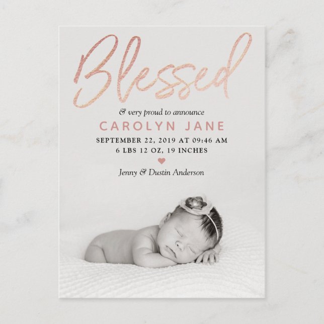"Blessed" Rose Gold Foil Photo Birth Announcement Postcard (Front)