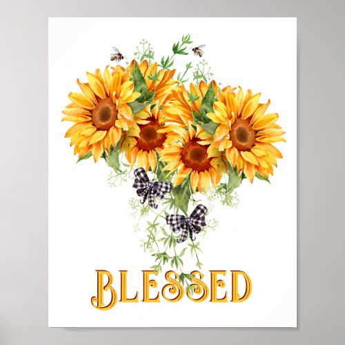 Blessed Rustic Sunflower Bees and Bows White Poster