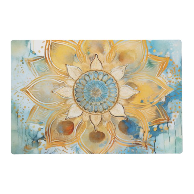 *~* BLESSED SACRED Gold Mandala AP2 Aqua Placemat (Front)