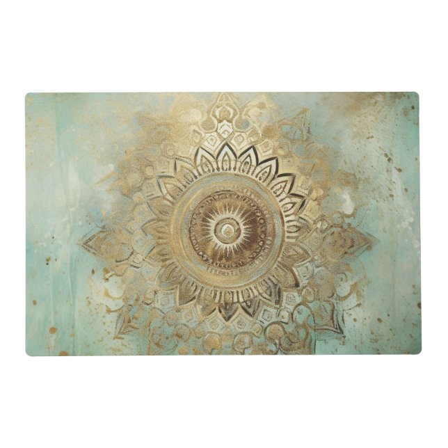 *~* BLESSED SACRED Gold Mandala AP2 Heart Green Placemat (Front)