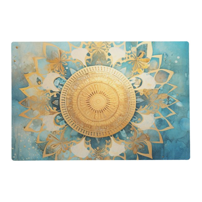 *~* BLESSED SACRED Gold Mandala AP2 Turquoise Placemat (Front)