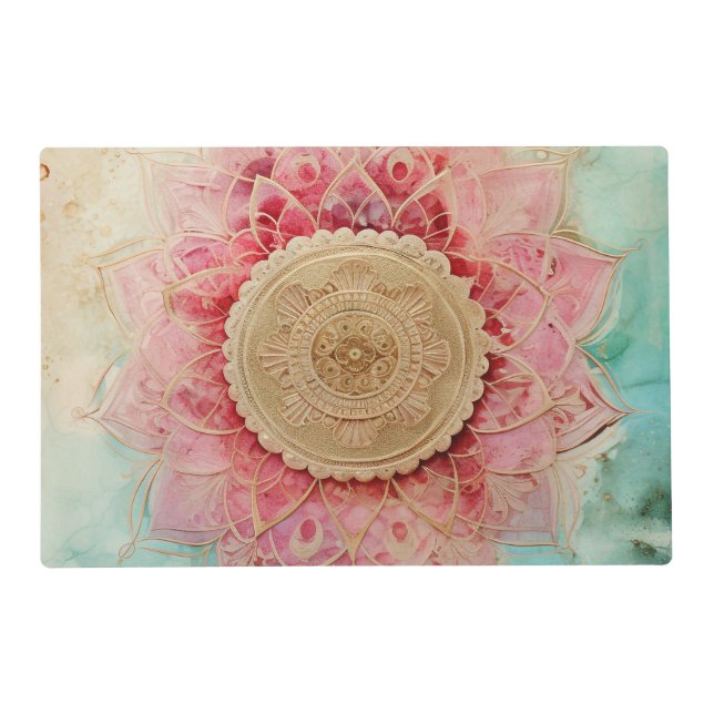 *~* BLESSED SACRED Gold  Pink Aqua Mandala AP2 Placemat (Front)