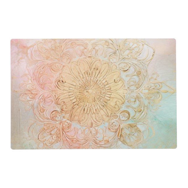 *~* BLESSED SACRED Gold Rainbow Pastel Mandala AP2 Placemat (Front)