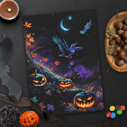 Blessed Samhain Crow & Pumpkins Halloween Night Card