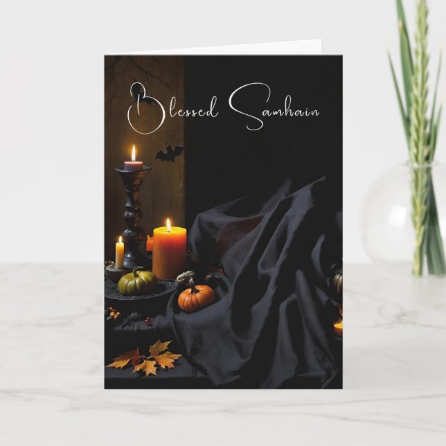 Blessed Samhain Halloween Pumpkin Candles Card (Front)