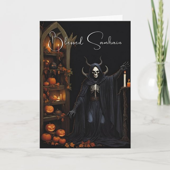 Blessed Samhain Halloween Skeleton Pumpkins Card (Front)