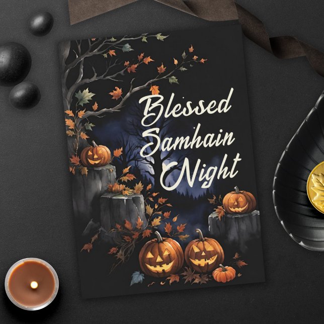 Blessed Samhain Night Fall Leaves & Pumpkins Card (Blessed Samhain Night Fall Leaves & Pumpkins Halloween Greeting Card)