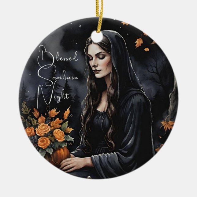 Blessed Samhain Night Halloween Fall Witch Ceramic Ornament (Front)