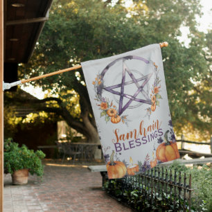 Blessed Samhain Pentacle & Fall Pumpkins House Flag
