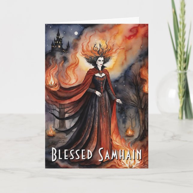 Blessed Samhain Red Queen Halloween Night Witch Card (Front)