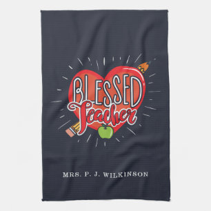 Blessed School Teacher Heart Pencil Apple Custom Kitchen Towel