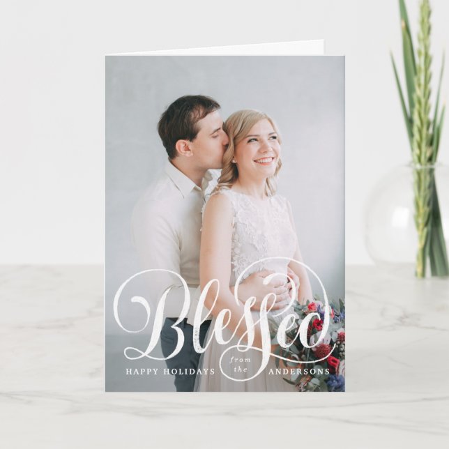 Blessed Script | 3 Photo Folded Holiday Card (Front)