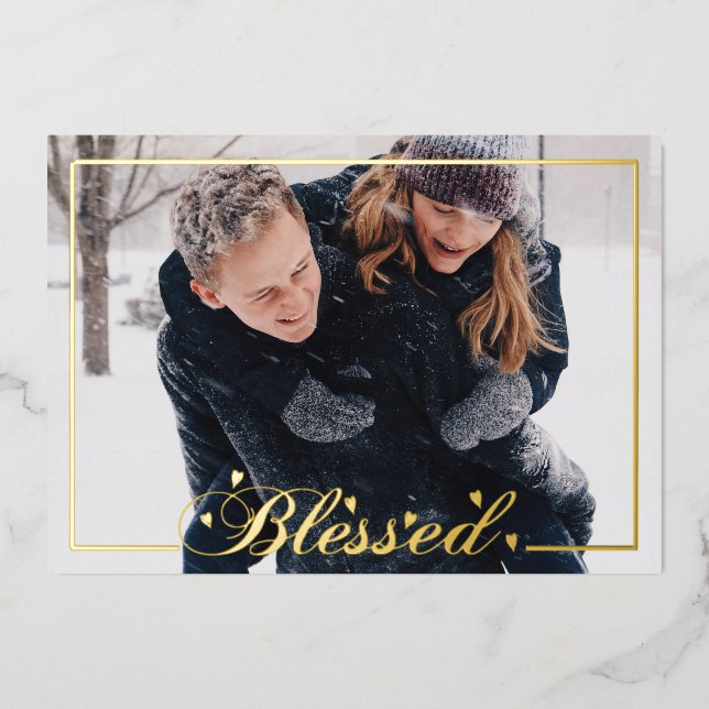 Blessed Script 5 x 7 Photo Foil Holiday Card (Front)