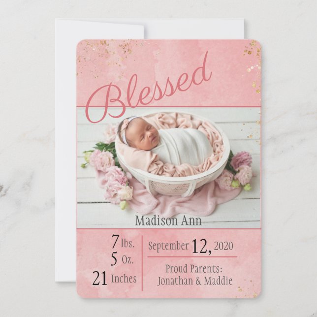 Blessed Script Baby Girl Elegant Personalize Birth Announcement (Front)