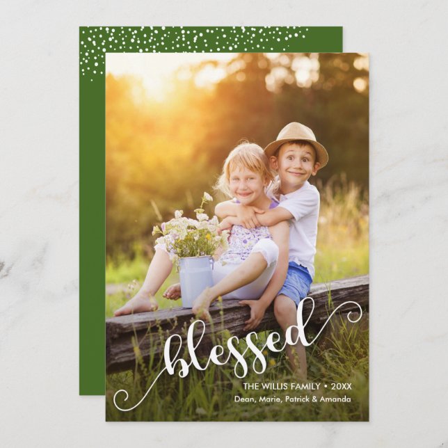 Blessed Script Christmas Photo Holiday Card (Front/Back)