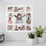 Blessed Script Family Memory Photo Grid Collage Square Wall Clock<br><div class="desc">A beautiful personalized gift for your family that they'll cherish for years to come. Features a modern thirteen photo grid collage layout to display 13 of your own special family photo memories. "Blessed" designed in a beautiful handwritten black script style. Each photo is framed with a simple gold-colored frame. Simple...</div>