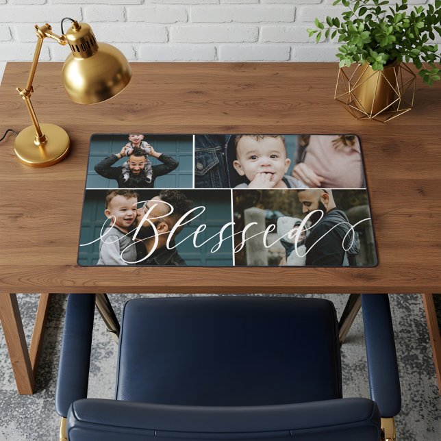 Blessed Script | Happy Fathers Day 4 Photo Collage Desk Mat (Blessed Script | Happy Fathers Day 4 Photo Collage Desk Mat)