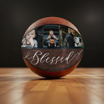 Blessed Script Leather Fathers Day Photo Collage Basketball<br><div class="desc">Give a beautiful personalized gift to your dad that he'll cherish forever. Special personalized family photo collage to display your special family photos and memories. Our design features a simple 3 photo design with "Bleesed" designed in a beautiful handwritten White script style. The background features a faux brown leather texture...</div>