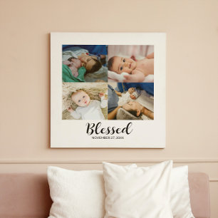 Blessed Script Personalized Baby 4 Photo Collage  Canvas Print