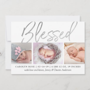 "Blessed" Silver Foil 3 Photo Birth Announcement