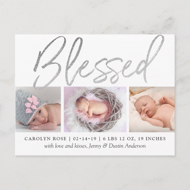 "Blessed" Silver Foil 3 Photo Birth Announcement (Front)