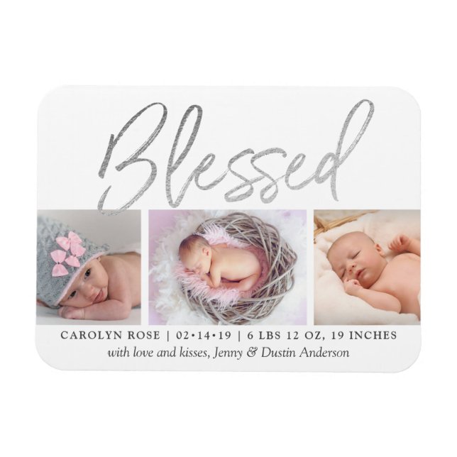 "Blessed" Silver Foil 3 Photo Birth Announcement Magnet (Horizontal)