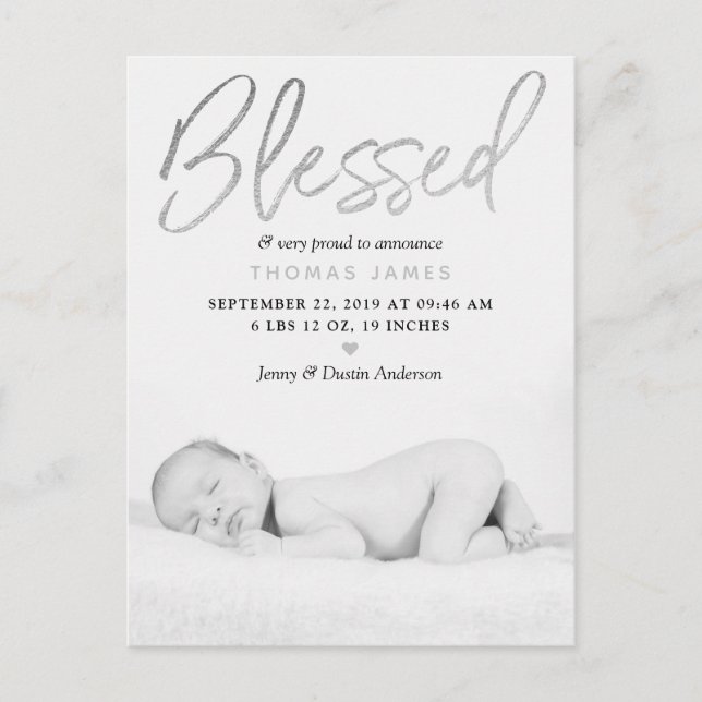 "Blessed" Silver Foil Photo Birth Announcement (Front)