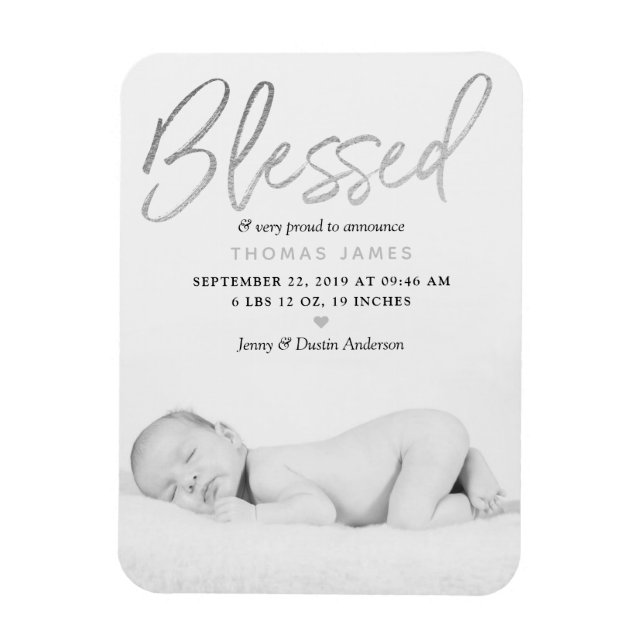 "Blessed" Silver Foil Photo Birth Announcement Magnet (Vertical)