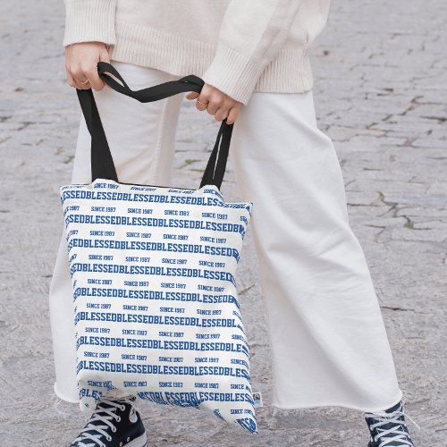 Blessed Since Year Navy Blue Pattern Tote Bag