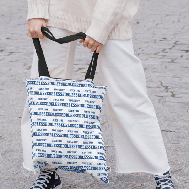 Blessed Since Year Navy Blue Pattern Tote Bag (Add the year you got Saved.)