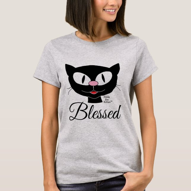 Blessed Smiling Cartoon Cat Spiritual T-Shirt (Front)