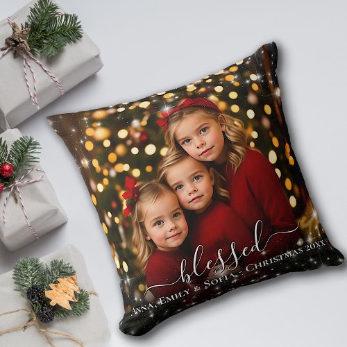 Blessed Sparkle Frame with Names Christmas Throw Pillow