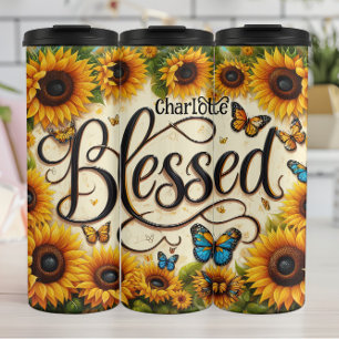 Blessed: Sunflowers and Butterflies Radiate Thermal Tumbler
