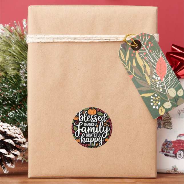 Blessed Thankful Family Thanksgiving Dinner Classic Round Sticker (Holiday)