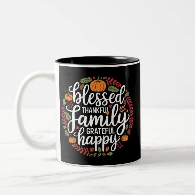 Blessed Thankful Family Thanksgiving Dinner Two-Tone Coffee Mug (Left)